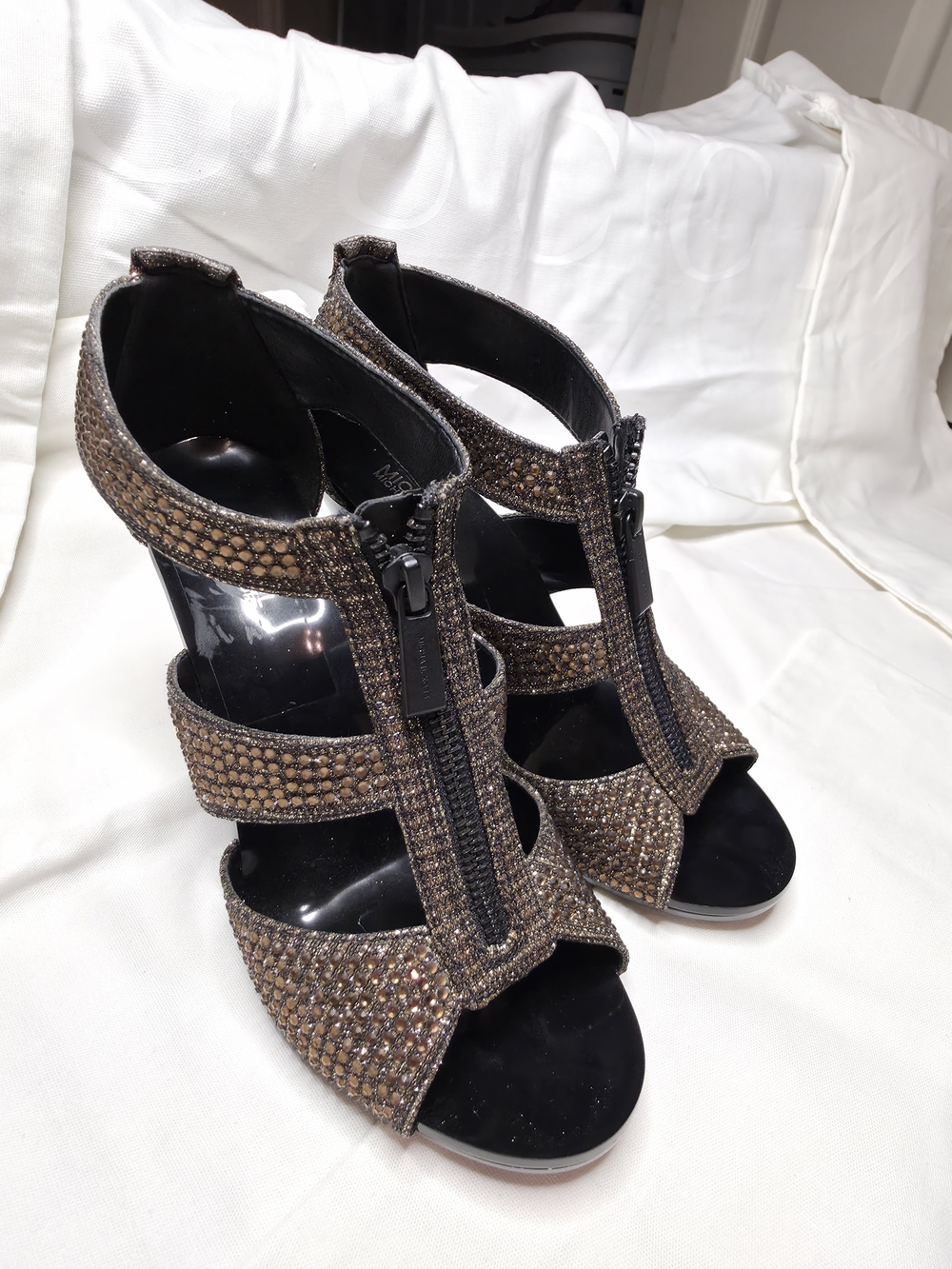 Michael Kors Brown Glitter Strappy Zip-Front Heels